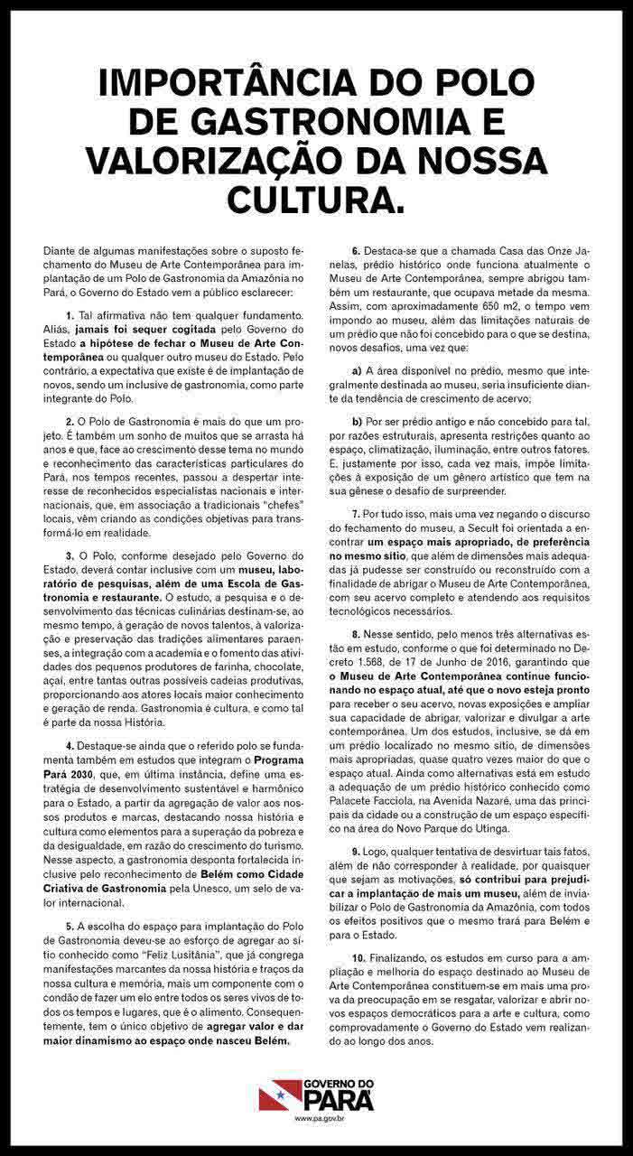 Comunicado do Governo do Pará publicado na mídia de Belém