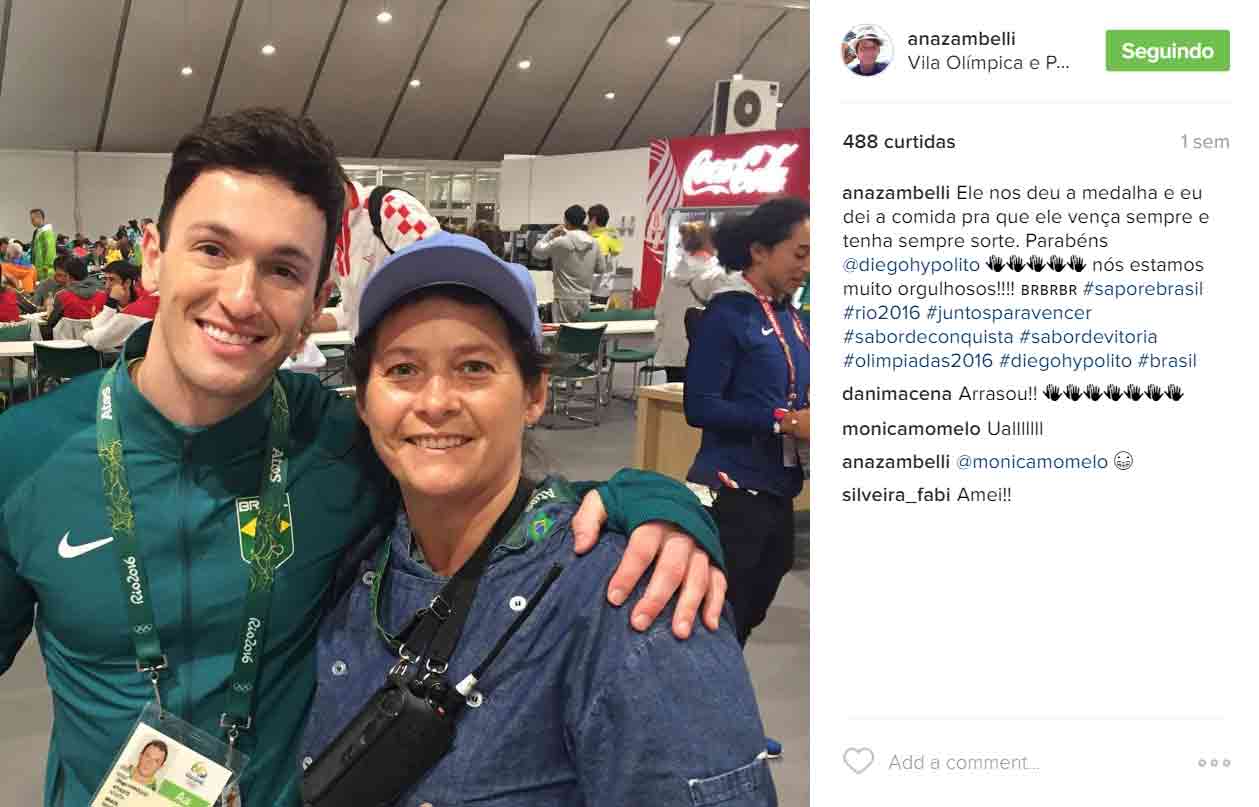 Ana Zambelli e Diego Hypolito no restaurante da Vila Olímpica