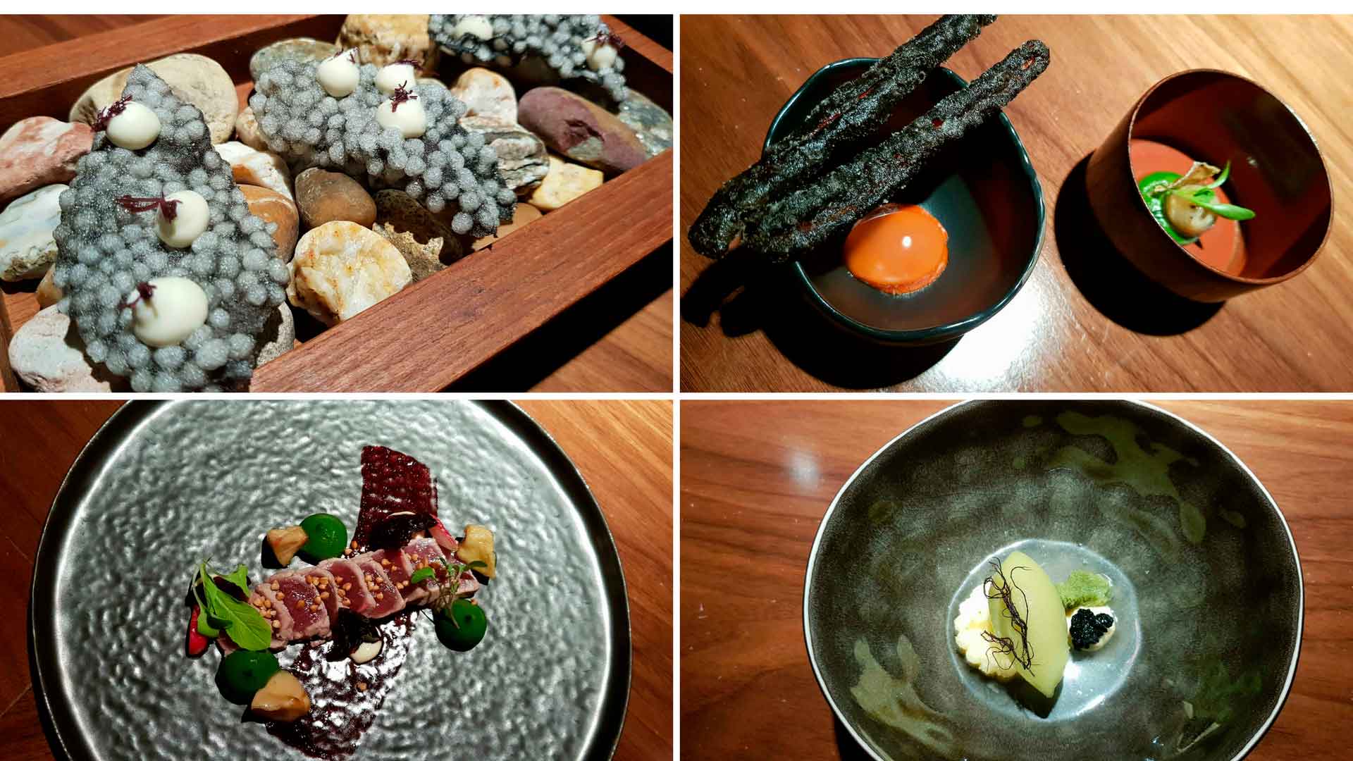 Pratos servidos no menu Caminhos, do Alma, em junho de 2017: equilíbrio entre mar e terra